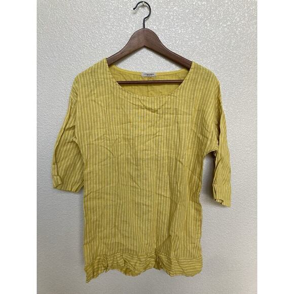 Lungo L'arno Striped 3/4 Sleeve Blouse Linen Ruffle Hem Mustard Women's S NWT - Picture 1 of 6
